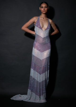 Itrh-Lilac Silver Embellished Backless Gown-INDIASPOPUP.COM