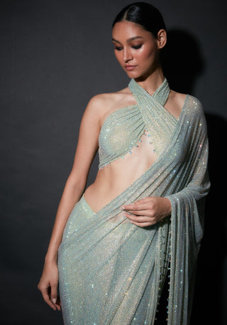 Itrh-Mint Green Pre-Draped Sari With Blouse-INDIASPOPUP.COM