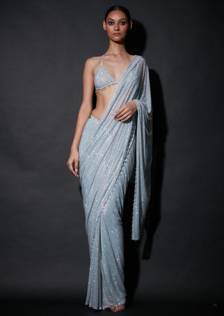 Itrh-Silver Embellished Pre-Draped Sari With Blouse-INDIASPOPUP.COM