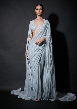 Itrh-Silver Embellished Pre-Draped Sari Set-INDIASPOPUP.COM