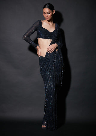 Itrh-Black Embellished Pre-Draped Sari With Blouse-INDIASPOPUP.COM