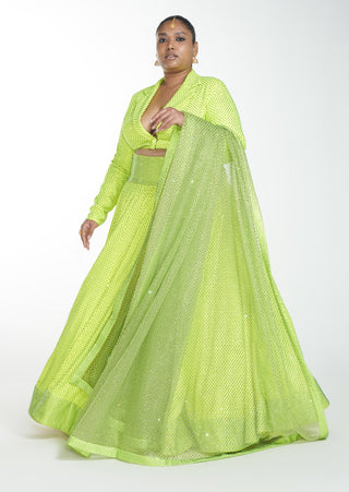 Itrh-Neon Green Crystal Crop Top With Lehenga With Dupatta-INDIASPOPUP.COM