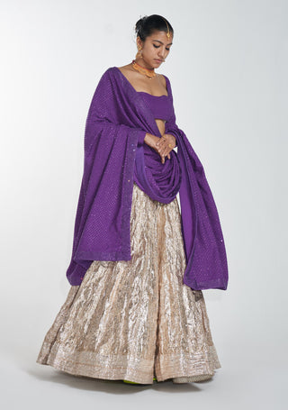 Itrh-Gold Lehenga With Purple Blouse And Dupatta-INDIASPOPUP.COM