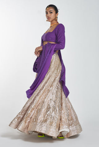 Itrh-Gold Lehenga With Purple Blouse And Dupatta-INDIASPOPUP.COM