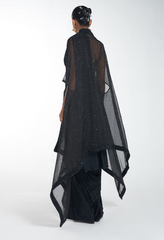 Itrh-Black Crystal Saree And Blouse With Cape-INDIASPOPUP.COM