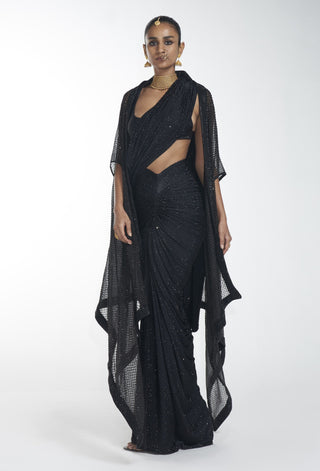 Itrh-Black Crystal Saree And Blouse With Cape-INDIASPOPUP.COM