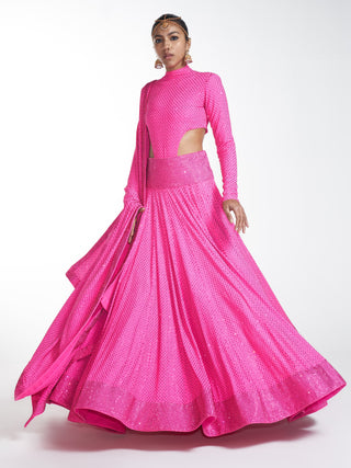 Itrh-Pink Crystal Bodysuit And Lehenga With Dupatta-INDIASPOPUP.COM