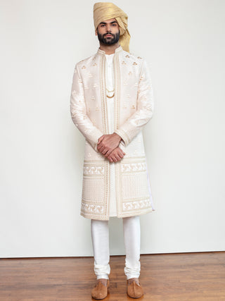 Arjun Kilachand-Ivory Raw Silk Open Sherwani-INDIASPOPUP.COM