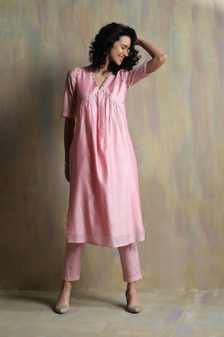 Charkhee-Light Pink Chanderi Kurta Set-INDIASPOPUP.COM