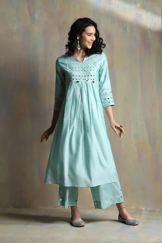 Charkhee-Aqua Green Chanderi Kurta Set-INDIASPOPUP.COM