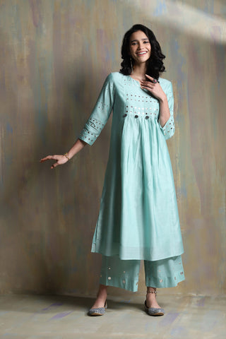 Charkhee-Aqua Green Chanderi Kurta Set-INDIASPOPUP.COM