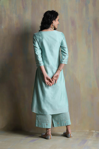 Charkhee-Aqua Green Chanderi Kurta Set-INDIASPOPUP.COM