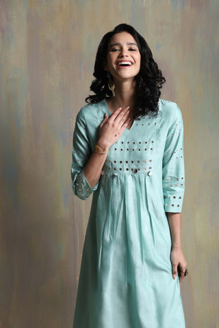 Charkhee-Aqua Green Chanderi Kurta Set-INDIASPOPUP.COM