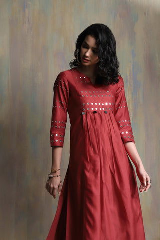 Charkhee-Red And Bottle Green Chanderi Kurta Set-INDIASPOPUP.COM