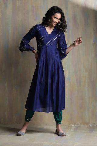 Charkhee-Sapphire Blue Chanderi Kurta Set-INDIASPOPUP.COM