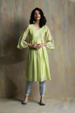 Charkhee-Lime Yellow Chanderi Kurta Set-INDIASPOPUP.COM