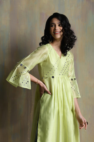 Charkhee-Lime Yellow Chanderi Kurta Set-INDIASPOPUP.COM