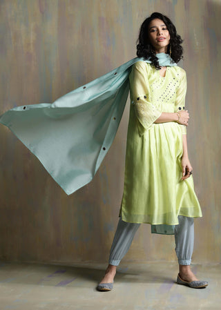 Charkhee-Lime Yellow Chanderi Kurta Set-INDIASPOPUP.COM