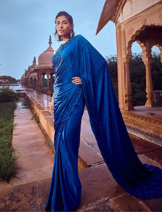 Jigar Mali-Royal Blue Sari With Blouse-INDIASPOPUP.COM