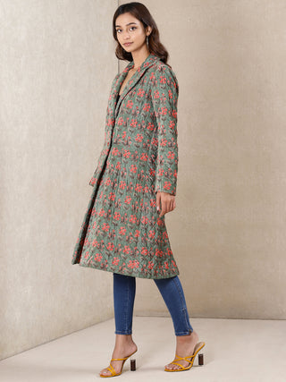 Ritu Kumar-Green Printed Velvet Jacket-INDIASPOPUP.COM