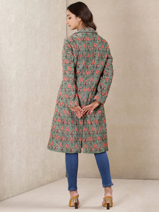 Ritu Kumar-Green Printed Velvet Jacket-INDIASPOPUP.COM