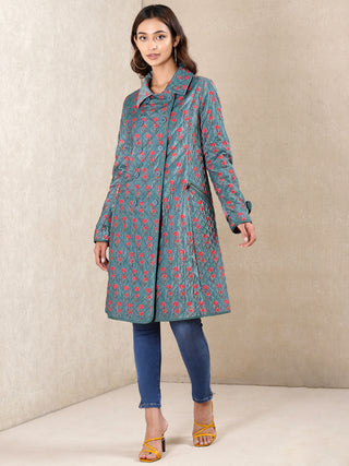 Ritu Kumar-Teal Printed Velvet Jacket-INDIASPOPUP.COM
