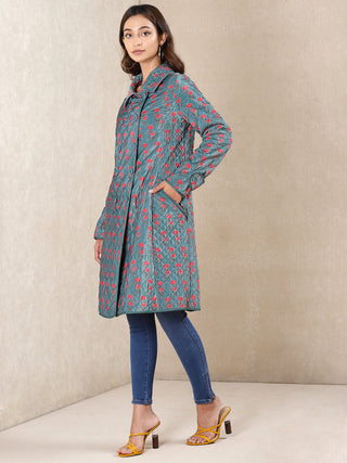 Ritu Kumar-Teal Printed Velvet Jacket-INDIASPOPUP.COM