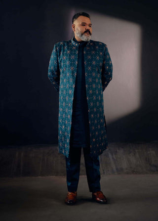 Jatin Malik-Teal Green Open Sherwani Set-INDIASPOPUP.COM