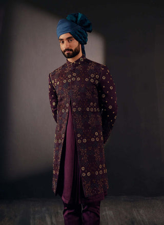 Jatin Malik-Wine Jamawar Sherwani Set-INDIASPOPUP.COM