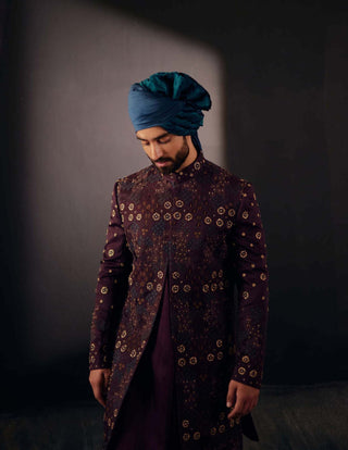 Jatin Malik-Wine Jamawar Sherwani Set-INDIASPOPUP.COM