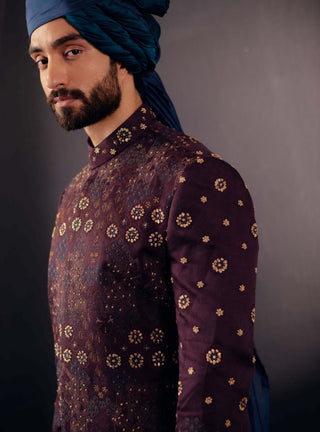 Jatin Malik-Wine Jamawar Sherwani Set-INDIASPOPUP.COM