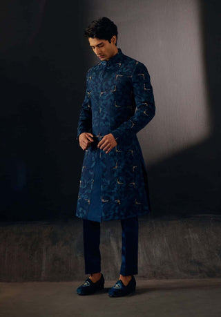 Jatin Malik-Space Blue Embroidered Sherwani Set-INDIASPOPUP.COM