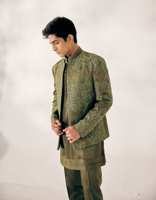 Jatin Malik-Olive Green Short Jacket Set-INDIASPOPUP.COM