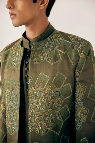 Jatin Malik-Olive Green Short Jacket Set-INDIASPOPUP.COM