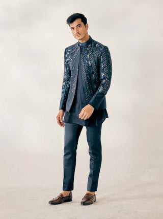 Jatin Malik-Teal Blue Cubism Short Jacket Set-INDIASPOPUP.COM