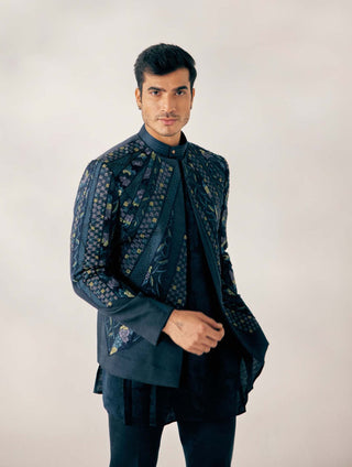 Jatin Malik-Teal Blue Cubism Short Jacket Set-INDIASPOPUP.COM