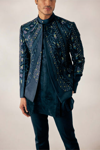 Jatin Malik-Teal Blue Cubism Short Jacket Set-INDIASPOPUP.COM