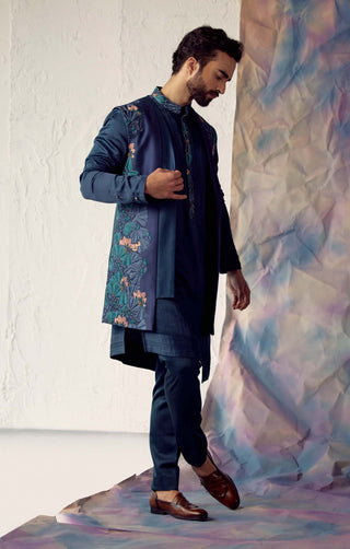 Jatin Malik-Peacock Blue Shrug Kurta Set-INDIASPOPUP.COM