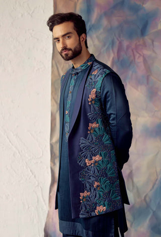 Jatin Malik-Peacock Blue Shrug Kurta Set-INDIASPOPUP.COM