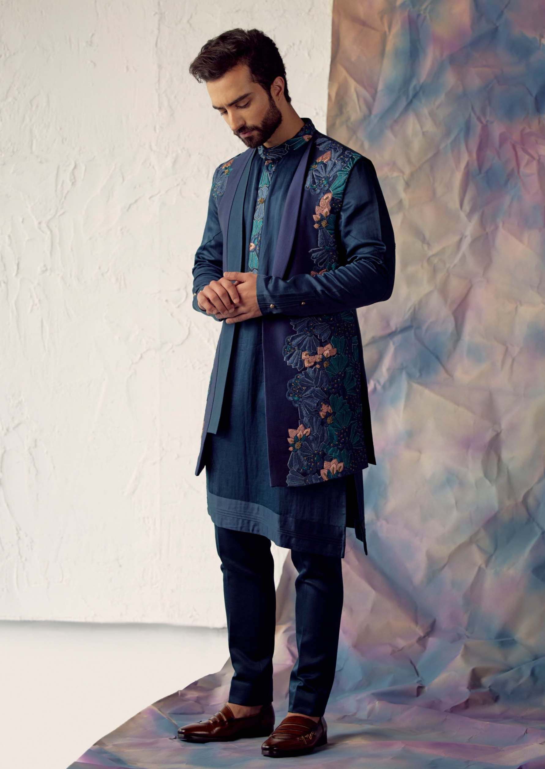 Jatin Malik Peacock Blue Shrug Kurta Set - Main Image