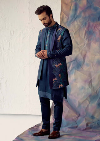 Jatin Malik-Peacock Blue Shrug Kurta Set-INDIASPOPUP.COM