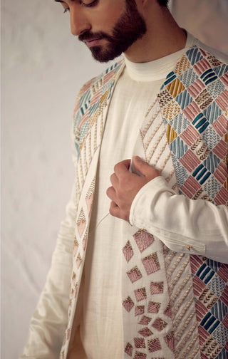 Jatin Malik-Ivory Phulkari Shrug Kurta Set-INDIASPOPUP.COM