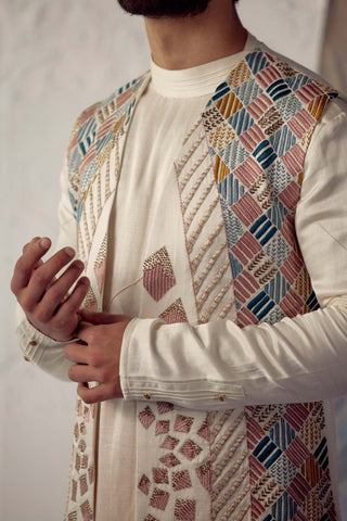 Jatin Malik-Ivory Phulkari Shrug Kurta Set-INDIASPOPUP.COM