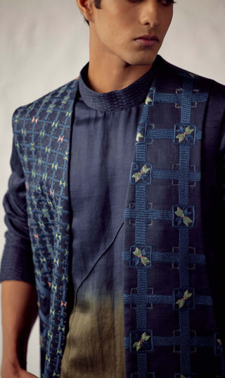 Jatin Malik-Teal Blue Shrug Kurta Set-INDIASPOPUP.COM