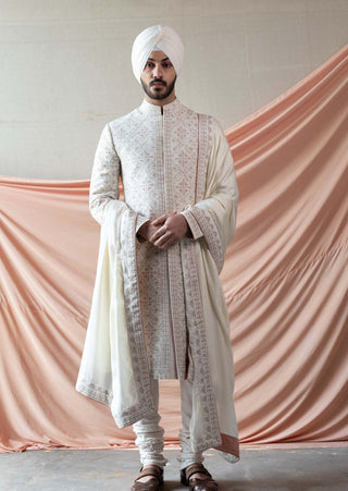 Jatin Malik-Ivory Jamawar Sherwani Set-INDIASPOPUP.COM