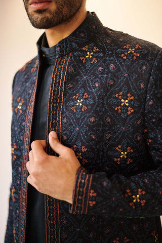 Jatin Malik-Midnight Blue Jacket With Kurta And Trouser-INDIASPOPUP.COM