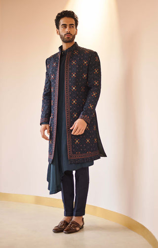 Jatin Malik-Midnight Blue Jacket With Kurta And Trouser-INDIASPOPUP.COM