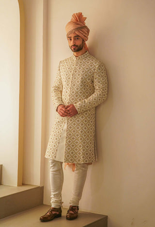 Jatin Malik-Ivory Jaal Embroidery Sherwani Set-INDIASPOPUP.COM