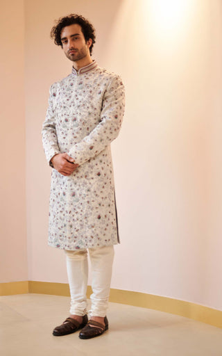 Jatin Malik-Silver Grey Jamawar Sherwani Set-INDIASPOPUP.COM