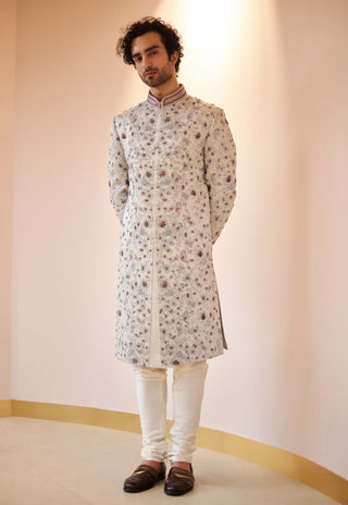 Jatin Malik-Silver Grey Jamawar Sherwani Set-INDIASPOPUP.COM